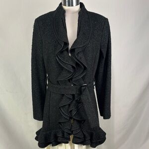 NWT Anne Fontaine Black Tweed Ruffle Trim Jacket w Belt